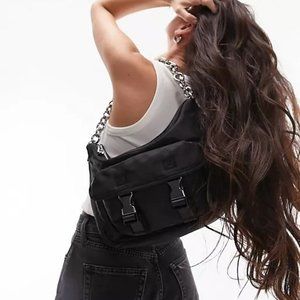 Topshop Saffira nylon shoulder bag with chain in black